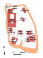 Plan schématique de la citadelle principale du tell de Nimroud (Kalkhu), capitale assyrienne, avec la localisation des principaux édifices repérés.