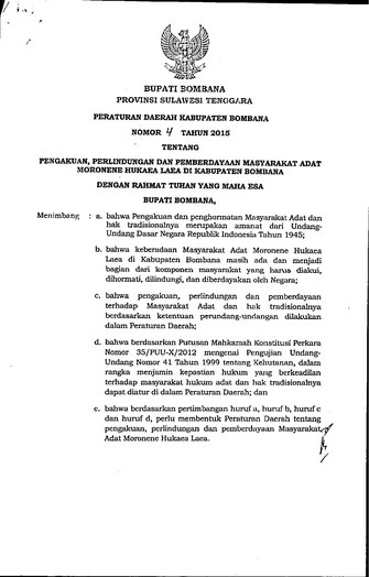 Peraturan Daerah Kabupaten Bombana Nomor 04 Tahun 2015 tentang Pengakuan, Perlindungan dan Pemberdayaan Masyarakat Adat Moronene Hukaea Laea di Kabupaten Bombana