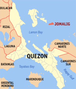 Mapa ng Quezon na nagpapakita sa lokasyon ng Jomalig.