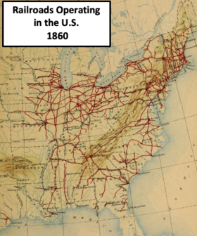 map showing rail line in the U.S., with lots of line in Illinois, Indiana, Ohio, and New England