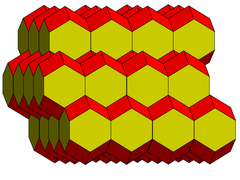 Part of a tessellation of space using rhombo-hexagonal dodecahedra