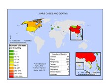 Mappemonde montrant sur une échelle colorée les régions du monde les plus affectées par l'émergence du SRAS en 2002 et 2003, à savoir la Chine et la péninsule indochinoise, et à moindre degré le Canada et les États-Unis