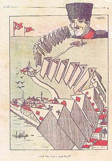 «Овца Анкары, показывает руку последней». Политическая карикатура Седата Симави в стамбульском журнале Güleryüz в октябре 1922 года. На заднем плане: Анкара, на переднем плане: Стамбул.