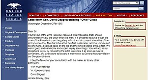 Letter from Senator David Dagget to Thomas Voigt purchasing The Ohio Clock for the U. S. Senate Chambers (www.senate.gov)