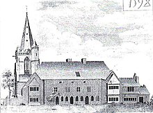 Priory House C.1780. The remains of the prior's residence were extended and converted into a domestic house. The tower of Hinckley parish church is also visible. The Priory House, Hinckley.jpg