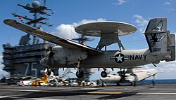 VAW-126 E-2C prepares to land aboard USS Harry S. Truman US Navy 070917-N-8923M-001 An E-2C Hawkeye, attached to the Seahawks of Carrier Airborne Early Warning Squadron (VAW) 126, prepares to make an arrested recovery aboard Nimitz-class aircraft carrier USS Harry S. Truman (CVN 75).jpg