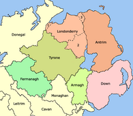 1613 – Ulster after the creation of County Londonderry, from the merger of County Coleraine, the North West Liberties of Londonderry (1), Loughinsholin (2), and North East Liberties of Coleraine (3).