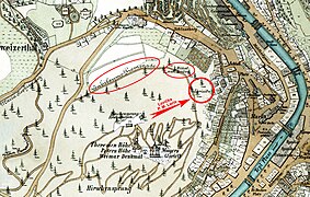 Výřez mapy Situations-Plan Stadt Carlsbad (Otto Schindler, 1885) s vyznačením místa s lavičkou P. M. Loria