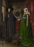 扬·范艾克的《阿诺菲尼的婚礼》，81.8 × 59.7cm，约作于1434年，自1842年起收藏[16]