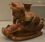 A Recuay painted vessel. Terracotta. Peru. Museum of America, Madrid. 400 BCE - 300 CE. Vasija cultura Recuay.JPG