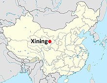 Landakort sem sýnir legu Xining borgar í Qinghai héraði í vesturhluta Kína.