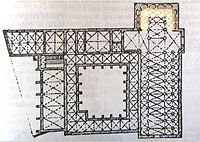 Plan d'un monastère centré sur un cloître, qui jouxte le côté gauche d'une abbatiale.