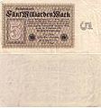 5 Mrd. Mark (5.000.000.000 Mark) 10. September 1923 (Wert ca. 50 Mark von 1914)