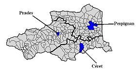 Déi 3 Arrondissementer an de Pyrénées-Orientales mat a bloer Faarf d'Prefecturen resp. Ënnerprecekturen