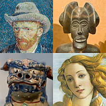 Clockwise from upper left: an 1887 self-portrait by Vincent van Gogh; a female ancestor figure by a Chokwe artist; detail from The Birth of Venus (c. 1484–1486) by Sandro Botticelli; and an Okinawan Shisa lion