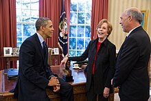 President Barack Obama with Burnett and her husband Brian Miller in the Oval Office in 2013 Barack Obama talks with Carol Burnett and her husband Brian Miller, 2013.jpg