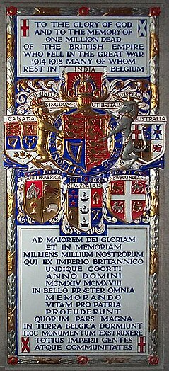 British post-WWI memorial tablet in Brussels Cathedral, displaying the royal arms, dominions' arms ( Canada, South Africa,  New Zealand, Newfoundland and  Australia) as well as text in English and Latin.