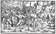 Rebellious peasants surrounding a knight Bundschuhfahne Holzschnitt 1539 Petrarcas Trostspiegel.jpg