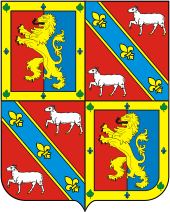 Bouclier des armoiries du marquis de Paraná avec les armes de la famille Leão composé d'un lion doré rampant sur un fond azure et rouge et des armes de la famille Carneiro composé de deux moutons sur un fond rouge et divisé par une bande azure contenant trois fleus de lys