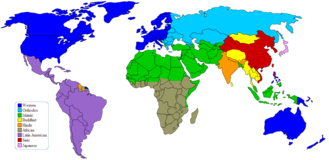 Huntington's map of major civilizations. What constitutes Western civilization in post-Cold War world is coloured dark blue. He also shows that Latin America (shown in purple) is either a sub-civilization within Western civilization or a separate civilization akin to the West. Clash of Civilizations mapn2.png