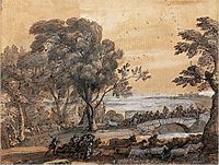 К. Лоррен. Пейзаж с битвой на мосту. Рисунок из «Liber Veritatis». Ок. 1655. Бумага, перо, кисть, сепия, белила