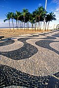 Wave-patterned pavement in Avenida Atlântica, with the Cagarras Islands in the background.