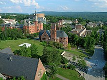 Ho Plaza seen from McGraw Tower with Sage Hall and Barnes Hall in the background Cornell University, Ho Plaza and Sage Hall.jpg