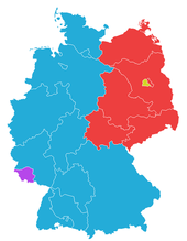 West Germany (blue) comprised the Western Allies' zones, excluding disputed Saarland (purple); the Soviet zone, East Germany (red) surrounded West Berlin (yellow). Deutschland Bundeslaender 1949.png