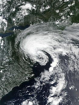 An image of Tropical Storm Fay at peak intensity while off the coast of New Jersey, shortly before landfall there.