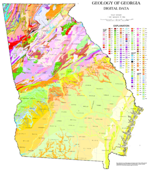 USGS geological map of Georgia that visualizes distinctive geological regions as unique colors using a chorochromatic map. Note that the regions change based on variations in rock type, not preexisting political boundaries. Geologic Map of Georgia.png