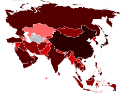 Number of confirmed cases of A(H1N1) virus in Asia:   50 000+ cases   5 000+ cases   500+ cases   50+ cases   5+ cases   1+ cases