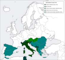 Ambitions of fascist Italy in Europe in 1936.
Legend:
.mw-parser-output .legend{page-break-inside:avoid;break-inside:avoid-column}.mw-parser-output .legend-color{display:inline-block;min-width:1.25em;height:1.25em;line-height:1.25;margin:1px 0;text-align:center;border:1px solid black;background-color:transparent;color:black}.mw-parser-output .legend-text{}
Metropolitan Italy and dependent territories;
Client states;
Claimed territories to be annexed;
Territories to be transformed into client states.
Albania, which was a client state, was considered a territory to be annexed. Italy aims Europe 1936.png