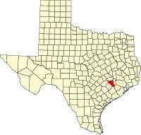 Kort over Texas med Austin County markeret