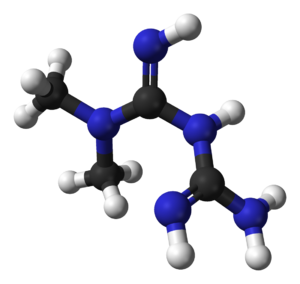 Ball-and-stick model of the metformin molecule...