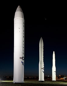 From left are the Peacekeeper, the Minuteman III and the Minuteman I Missile display at F.E. Warren AFB 120407-F-JW079-036.jpg
