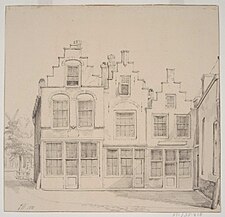 Een rijtje huizen aan de Visstraat. De huisjes zijn in 1871 door J. Rutten getekend, kort voordat zij gesloopt werden. Afbeelding Regionaal Archief Dordrecht, RAD 551_35228