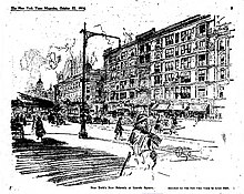 Sketch of the Lincoln Arcade Building, New York Times, October 22, 1916, by Louis Ruyl. NewBohemiaAtLincolnSquare1916.jpg