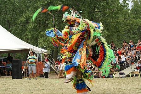 Fancy dancer during a pow-wow at the Manawan Atikamekw Community, picture uploaded to Wikimedia Commons during the Nitaskinan in pictures contest