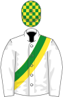 White, green and yellow sash, green and yellow checked cap