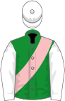 Green, pink sash, white sleeves and cap