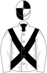 White, black cross sashes, white sleeves, white cap, black quartered