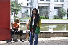 A man with dreadlocks in Sao Paulo, Brazil Pessoa pedindo justica, vao do Masp, 2013.jpg