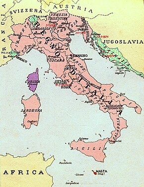 Italian ethnic regions claimed in the 1930s: * Green: Nice, Ticino and Dalmatia * Red: Malta * Violet: Corsica * Savoy and Corfu were later claimed RegioniIrredenteItalia.jpg