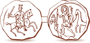 Drawing of the two sides of a seal of Alexander Nevsky, showing left a crowned prince on a horse (maybe Alexander) and right standing Saint Theodore as dragon slayer. It says: Fied'r (an Old-Russian version of Fiodor, Theodore) Seal of Alexander Nevsky 1236.png