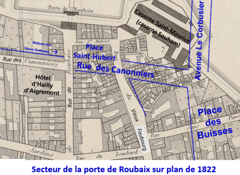 Secteur de la Porte de Roubaix en 1822 avec indication des voies actuelles