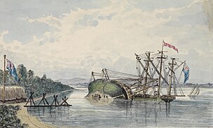 HMS Success (1825) undergoing repairs off Carnac Island Western Australia. Entre 1829 et 1830