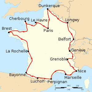 Map of France with the route of the 1914 Tour de France on it, showing that the race started in Paris, went clockwise through France and ended in Paris after fifteen stages.