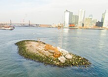 Photo aérienne permettant une vue rapprochée, en légére contre-plongée, de l'île. De petite taille, on y dstingue la tour de navigation et quelques branchages au milieux des pierres. En arrière plan, on distingue des bâtiments du Queens, le panneau publicitaire Pepsi Cola de Gantry Plaza State Park, et plus loin le Queensboro Bridge.