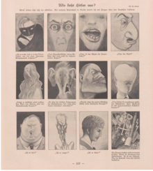 What Does Hitler Look Like? Cartoonist Unknown. A satirical gallery from the 5-28-23\105-116 issue of Simplicissimus early in Hitler's Munich political career, when there were as yet no publicly available photographs. What Does Hitler Look Like%3F.png