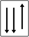 Zeichen 522-32 Fahrstreifentafel – mit Gegenverkehr – einstreifig in Fahrtrichtung und zweistreifig in Gegenrichtung